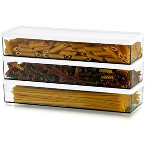 Hanobe Pasta Containers for Pantry Large Spaghetti & Noodle & Lasagna Canister 3 Pcs Clear Grey Rectangular Canister with Lock Lids Durable Plastic Food Keeper for Fridge Kitchen Cabinet