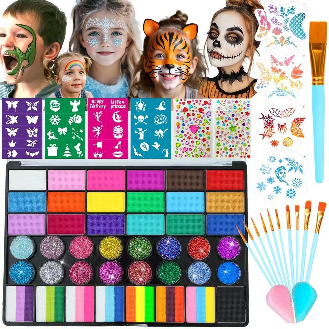Face Painting Kit for Kids, 42 Colors Professional Face Paint Makeup Kit Non-Toxic Water Activated Facepaint Pallette with Brushes, Stencils, Sponge, Gems, for Party Cosplay Halloween (42 Colors)