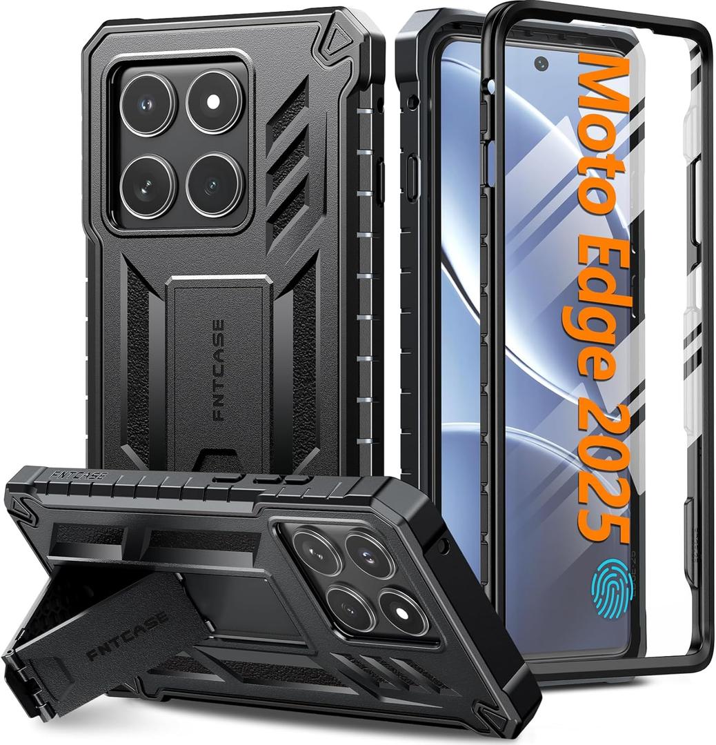 FNTCASE for Motorola Edge 2025 Case: Military Grade Drop Proof Protection Mobile Cover with Kickstand | Matte Textured Rugged Shockproof TPU | Protective Sturdy Phone Case - Black