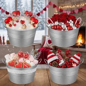 4 Pcs Valentines Galvanized Metal Bucket with Handles, 1 Gallon Rustic Decorative Pails, Beverage Tub, Valentines Bucket, Wash Tub for Centerpieces, Outdoor Flower Pots