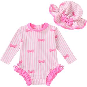 Infant Baby Swimsuit Girl Long Sleeve UPF 50+ Sun Protection One-Piece Rash Guard with Hat Zipper Bathing Suit (18-24 Months, Pink Bow)