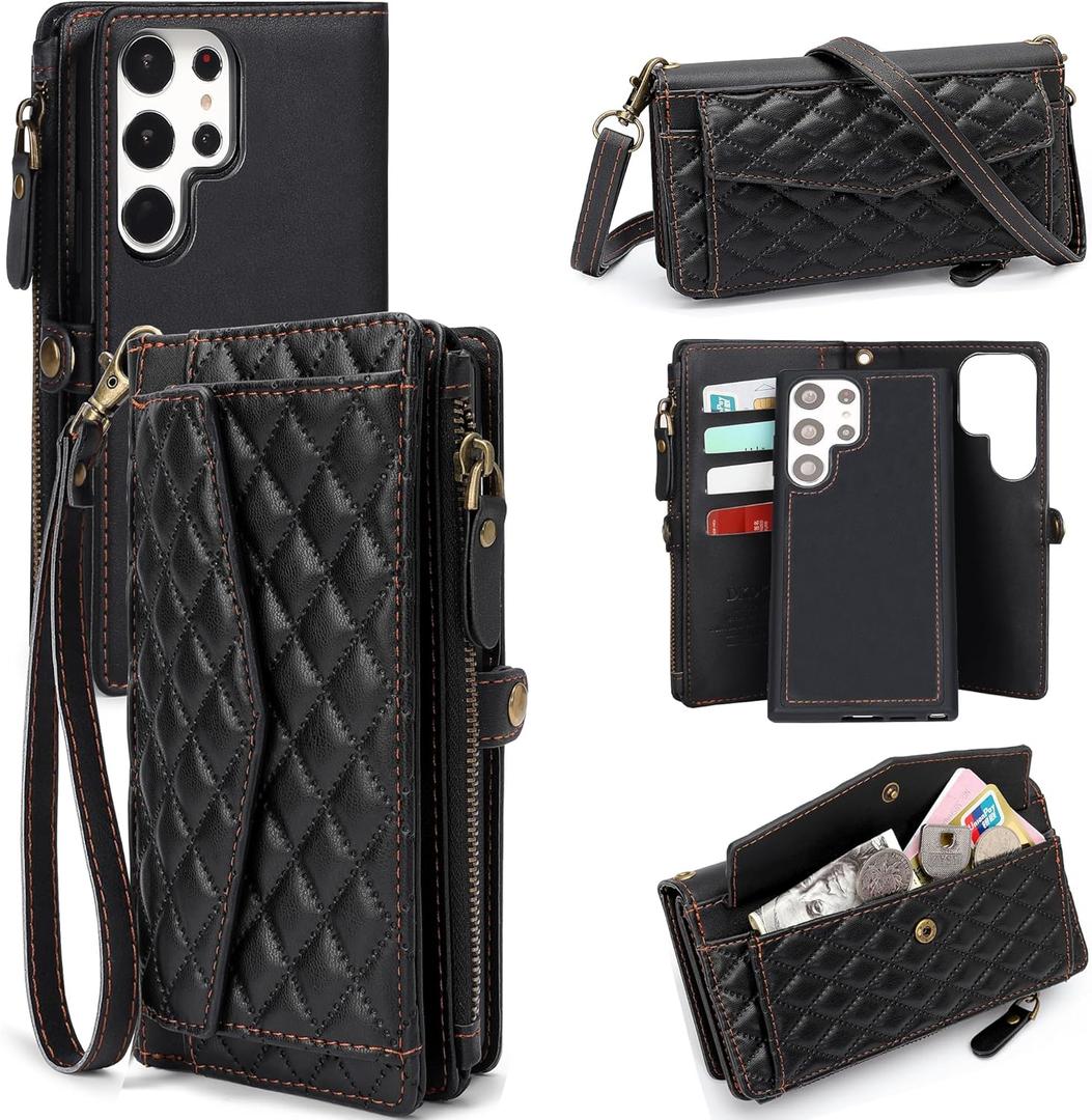 for Samsung Galaxy S25 Ultra Wallet Case for Women, Support Wireless Charging with RFID Blocking Card Holder, PU Leather Wallet Detachable Magnetic Phone Case Crossbody Strap, (Black)