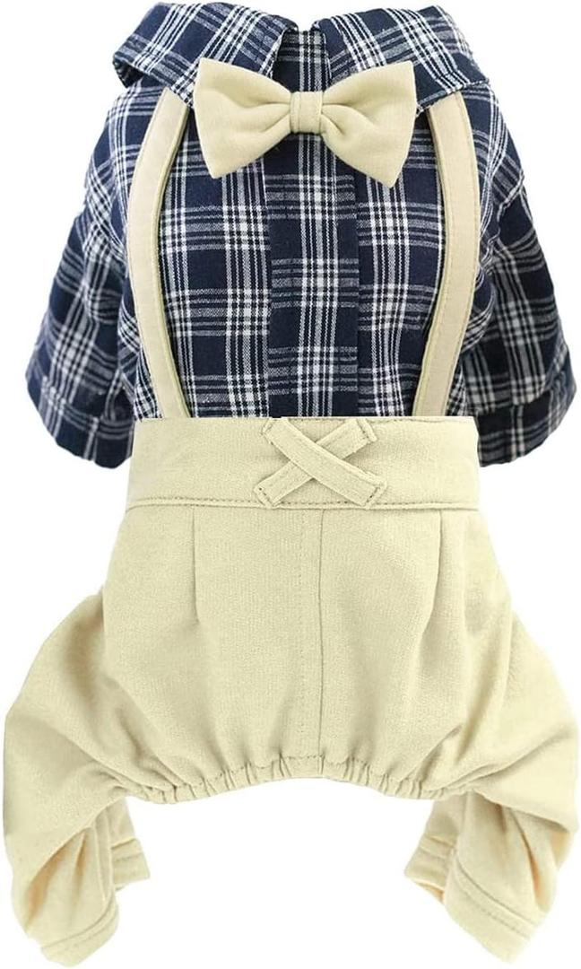 Pet Clothes Dog Shirts Classic Plaid Striped Overall Jumpsuit, Gentle Puppy Wedding Birthday Western Onesies Apparel, Fashion Daily Outfit with Bowtie for Dogs and Cats (Medium, Khaki)