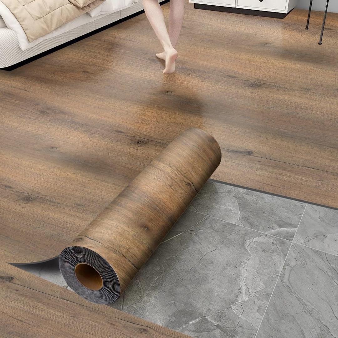Luxury Thicken Wood Grain Peel and Stick Floor Tiles Self-Adhesive Vinyl Flooring Roll-DIY Easy for Wall and Floor,Hard Surface/Waterproof/Anti Slip (Brown Vinyl Flooring, 17.72 "W x 393.7" L)