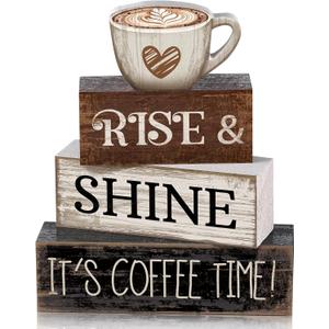 4 Pcs Farmhouse Coffee Bar Sign Decor Wooden Cup Rise & Shine It's Coffee Time Rustic Wood Cafe Sign Gift for Home Kitchen Tabletop Decor