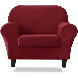Velvet Stretch 2 Pieces Stretch Armchair Covers, 1 Seater Chair Slipcovers, Washable Furniture Protector (Wine red)
