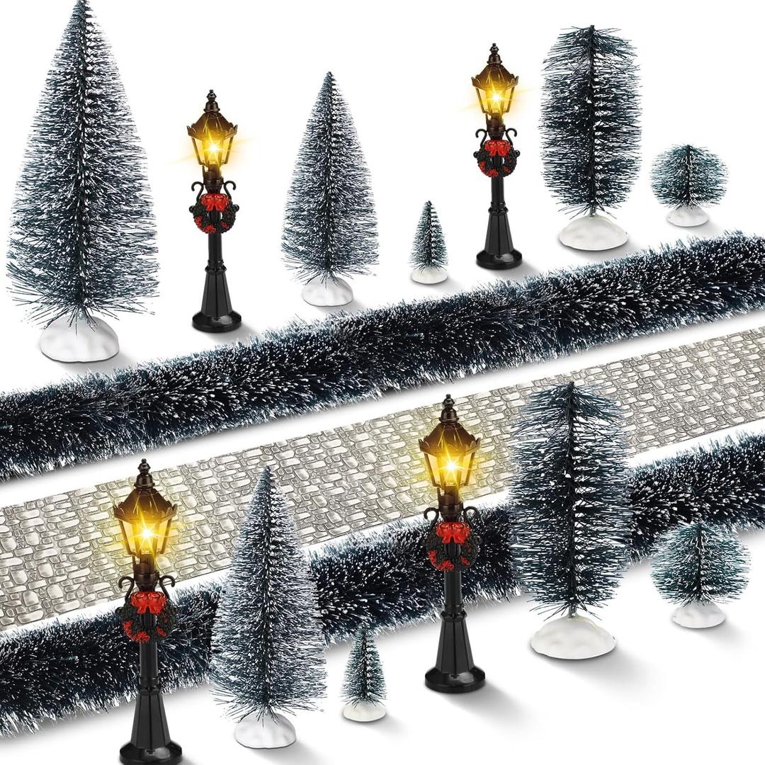 Hotop 18pc Christmas Village Accessories 47.2 Inch Village Roads Mini Snowy Trees Streets Light Lamppost Hedge Figurines Set for Display Winter Holiday Decorations DIY Crafts No Batteries(Modern)