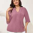 SCOMCHIC Women's Plus Size Blouses 3/4 Sleeve V Neck Pleated Shirts | 3/4 Sleeve, Dressy Tunic Tops, Casual Loose, V Neck, Pleated Shirts (Pink, XXL)