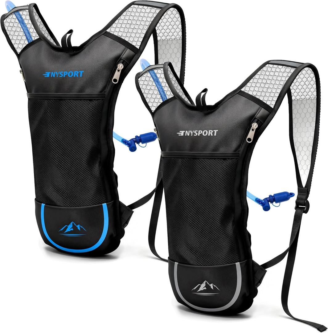 2 Pack Hydration Backpack Pack with 2L Hydration Bladder, TNYSPORT Lightweight Breathable Water Backpack with 3 Layer Pockets, Reinforced Shoulder Straps for Hiking Running Cycling (Black)