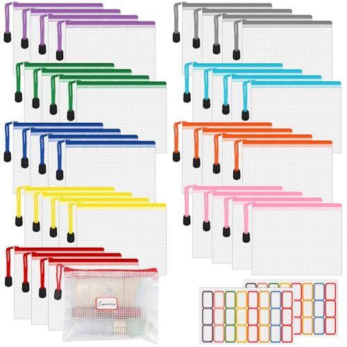 AOBOPLE 36pcs Mesh Zipper Pouch,4.9x6.3 inch Waterproof Zipper Bags with Colored Stickers 9 Colors Plastic Zipper Pouches Small Organizing Bags for Travel Storage and Office Supplies