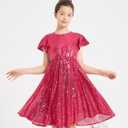 EXARUS Girls Sparkly Dresses Ruffle Sleeve Glitter Sequin Crew Neck A-Line/Bodycon/Tunic Dress for Girl 6Y