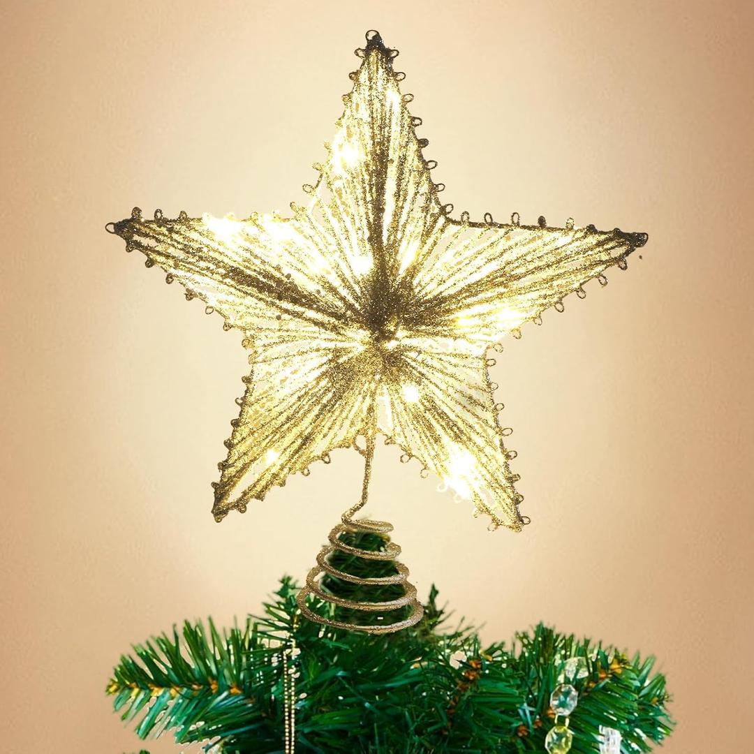 Christmas Tree Star Topper 10" Silver Christmas Tree Topper with Warm White LED Lights, Xmas Tree Topper Star Battery Powered Ornaments for Holiday Xmas Decorations, Home Party Decor