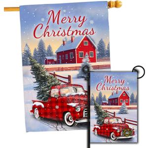Merry Christmas Flag, Set 2 Merry Christmas Red Truck House Flag 28x40 and Christmas Garden Flag 12x18 Double Side, Winter Decorations Flag for Holiday Yard Lawn Outdoor Dcor