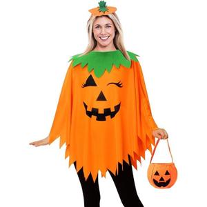 SHIRIA 3PCS Halloween Pumpkin Costume for Women Glow in the Dark Pumpkin Poncho Headband Candy Bag (One Size)