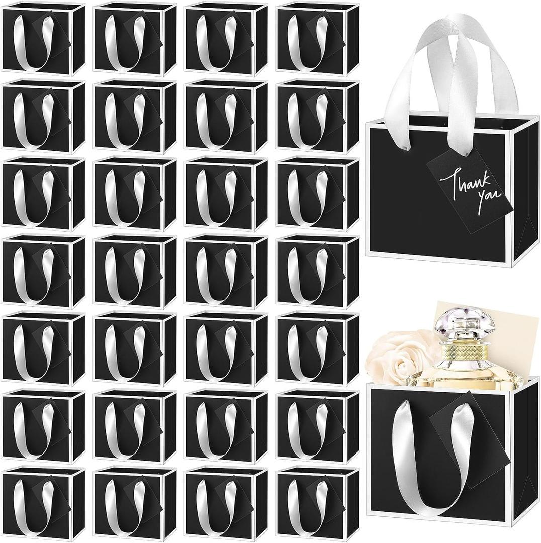 Yeaqee 50 Pcs Mini Metallic Paper Gift Bags with Handle 4x4.75x2.2'' Small Gift Bag DIY Tag Thank You Party Favor for Mother's Day Wedding Graduation Baby Shower Birthday Jewelry (Black,White)
