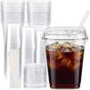 100 Set 16 oz Clear Square Plastic Cup with Lids and Straws Disposable Iced Coffee Cups Plastic Smoothie Cups with Lids for Cold Drinks Iced Coffee Smoothies Milkshake