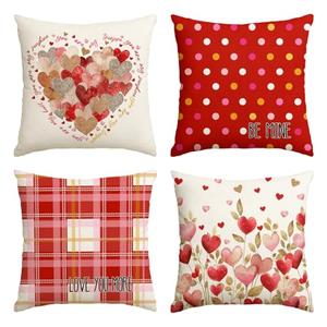 AVOIN colorlife Valentine's Day Heart Red Throw Pillow Covers, 18 x 18 Inch Golden Leaves Love You More Be Mine Buffalo Plaid Polka Dot Anniversary Wedding Cushion Case Decoration for Sofa Set of 4