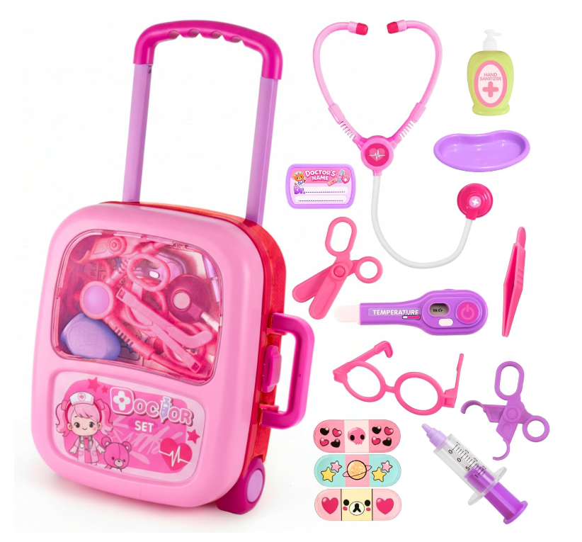 Angel Kids Premium Doctor Set Trolley, Pretend Play Doctor Set Trolley, Doctor Kit for Kids Above 3 Years, for Boys & Girls, with Interactive Instruments, Multicolor Bandage Stickers (Pink)