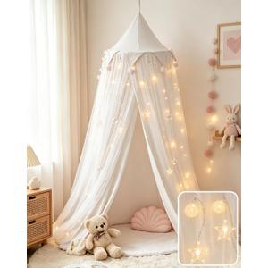 Princess Bed Canopy for Girls with Star Lights | Breathable double-layer canopy for girls room decor or reading nooks, White