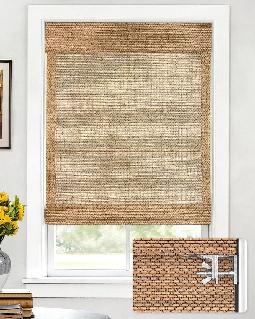 LazBlinds No Drill Bamboo Roman Shades, 34" W x 64" H, Star-Brown