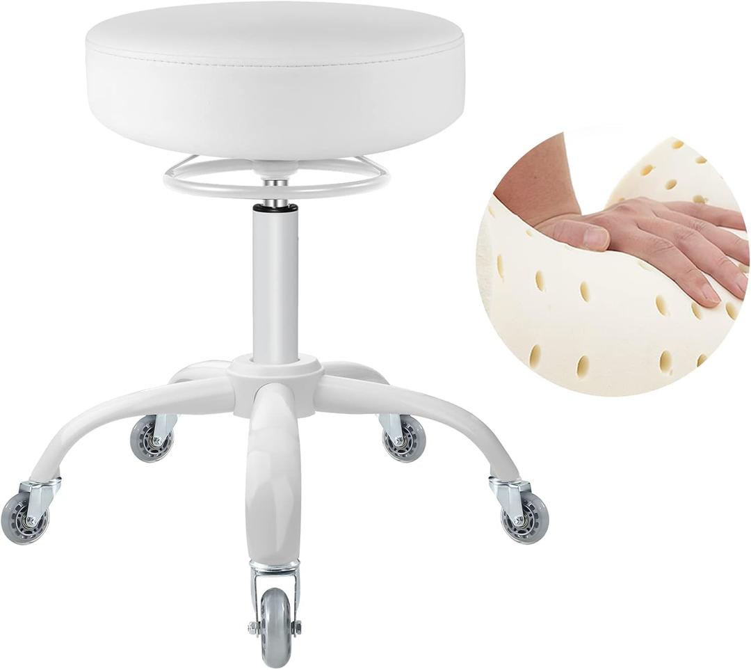 Rolling Stool with Wheels 400lbs Weight Capacity,Heavy Duty Lash Chair Adjustable for Tatoo Lab Massage Salon Spa Drafting Nail Teach,360 Swivel,Leather,Thick Seat Padding (Pure White)