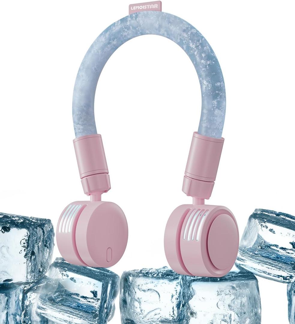 2 x LEMOISTAR Portable Neck Fan, Hands Free Bladeless Fan, 360 Cooling Personal Fan, Battery USB Rechargeable 3 Speed Adjustable Wearable Fan for Outdoor Indoor Office Travel Sports Women(Pink)