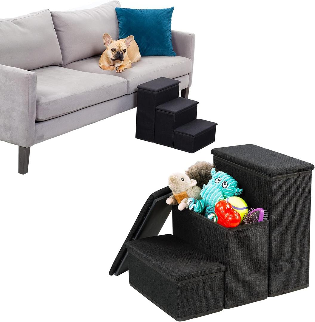 Dog Stairs with Storage - Foldable & Non-Slip 3-Layer Steps for Small & Medium Puppies, Cats - Spacious Compartment for Toys, Treats - Holds up to 100 lbs. - 14.75 x 13 x 18 Inches (Black)