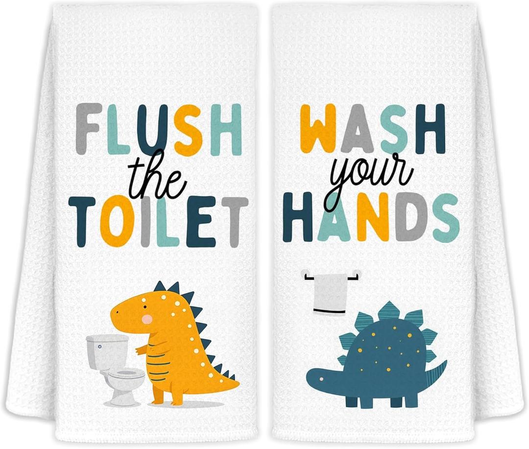 Dinosaur Kids Bathroom Decor Towels Set of 2 - Kids Hand Towels, Toddler Boys Girls Bathroom Decor, Wash Your Hands Flush The Toilet 16x24