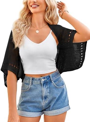 BB&KK Womens Crochet Shrug Summer Cardigans Hollow-Out Batwing Sleeve Lightweight Open Front Bolero Sweaters, Size M
