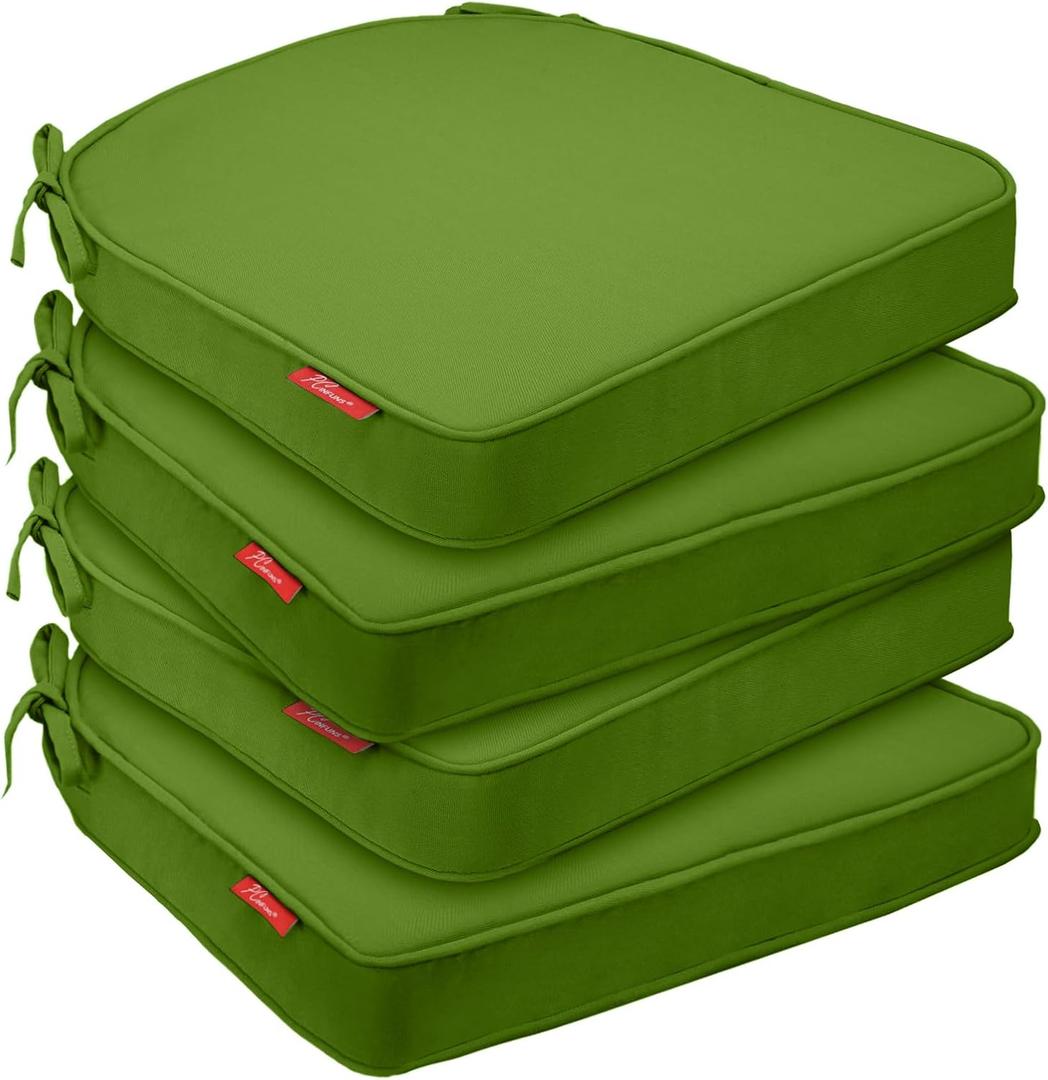 Pcinfuns Outdoor Chair Cushions Set of 4,Thick 19" x 19" x 3" Cushion for Patio Furniture,Round Corner Patio Chair Pads with Ties, Memory Foam Outdoor Seat Cushions,Grass Green
