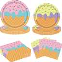 96PCS Ice Cream Plates and Napkins Party Supplies Ice Cream Disposable Paper Plates Napkins Tableware Set for Birthday Baby Shower Sweet Summer Ice Party, Serve 48 Guests