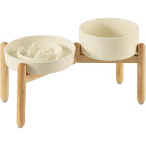 Havniva Ceramic Raised Slow Feeder Dog Bowl Set, Elevated 7.3inch Bowl and 8.2inch Puzzle Slow Dish with Wooden Stand for Medium and Large Dog, Anti-Gulping (2X Light Yellow+ Stand)