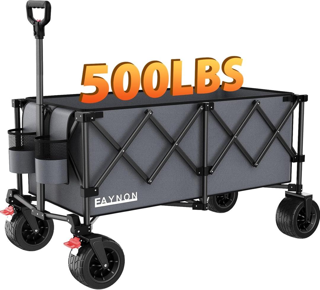 42" L Collapsible Foldable Wagon, 500LB Weight Capacity with 220L Heavy Duty Folding Cart,Utility Wagon with Big All-Terrain Beach Wheel, Drink Holders& 2 Bungee Cords,Gray