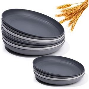 12 Pcs Wheatstraw Fiber Dinner Plates best alternative for Plastic Plates Unbreakable Plate set wheatstraw Material Microwave And Dishwsher Safe Plates In 4 Grey Stone Colors., 10 inch