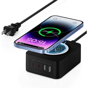 60W USB Charging Station with 15W Wireless Charger, 2 USBA and 2 USBC Multiple Port Desktop Charger Quick Charge Block for iPhone 17 Pro Max 16e 16 Pro Max Samsung S25 Ultra iPad MacBook Laptop Pixel