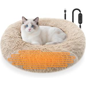 SXBSXB Heated Cat Beds for Indoor Cats and Small Dogs, 24'' Heated Pet Bed with Timer and Temp Adjustable, Cozy Fluffy Round Calming Pet Beds Removable Washable Cover USB Electric Warm Cat Bed Camel