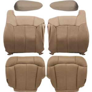 NLQR Medium Tan #522 or 52i Driver & Passenger Side Bottom & Top Lean Back Replacement Microfiber Leather Seat Covers & Armrest Covers fit for Chevy Silverado Avalanche GMC Sierra 1999 2000 2001 2002