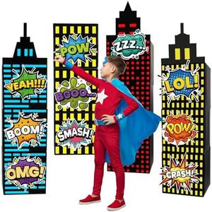 25pcs Skyscraper Party Decoration Large Super Themed Hero Background Box City Skyline Building Party Decor Include 12 Skyscraper Box 10 Sticker 3 Roof for Boy Girl Comic Book Themed Party Supplies