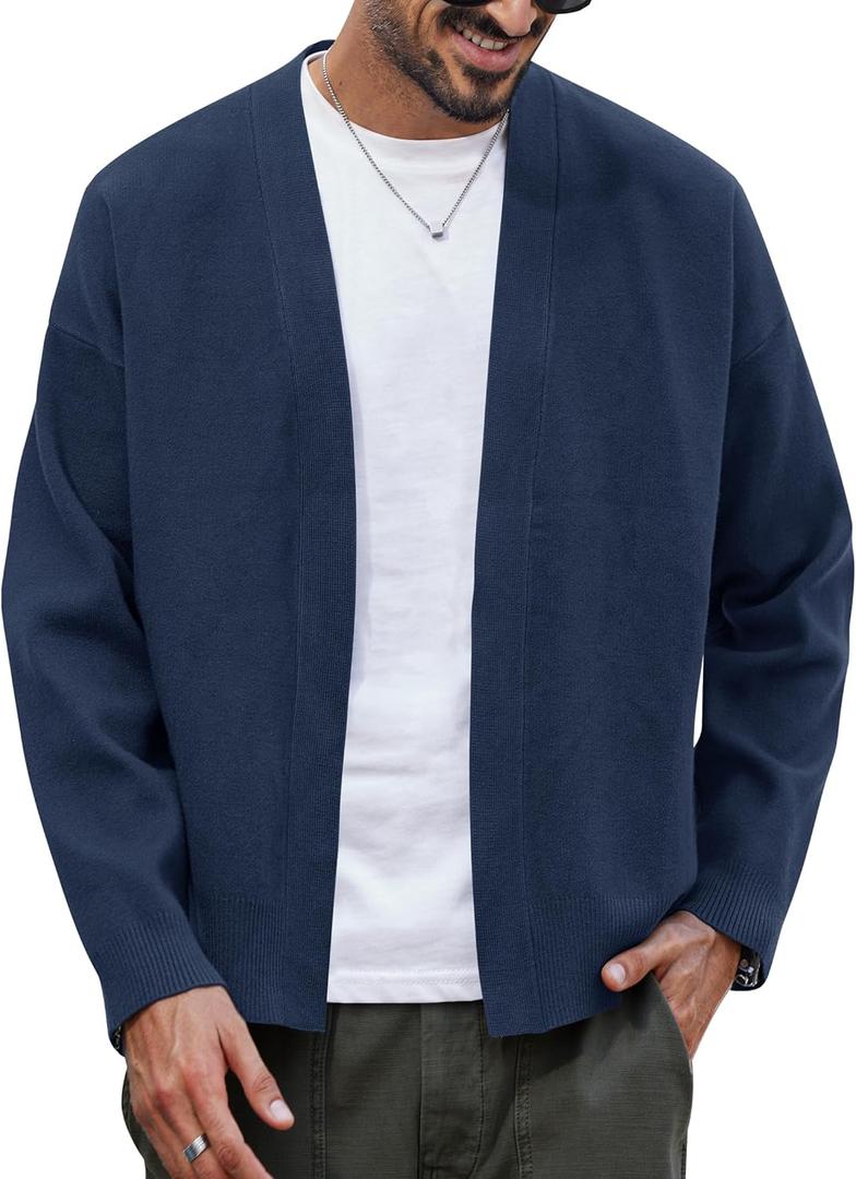 Mens Knit Cardigan Loose-Fit Shawl Collar Open Front Casual Vintage Sweater (Navy, XL)