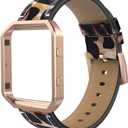 Simpeak Leather Band with Case Frame Compatible with Fitbit Blaze Smartwatch, Large Size with Frame, Genuine Leather Band Replacement for Fitbit Blaze, Leapard+Rose Gold Frame