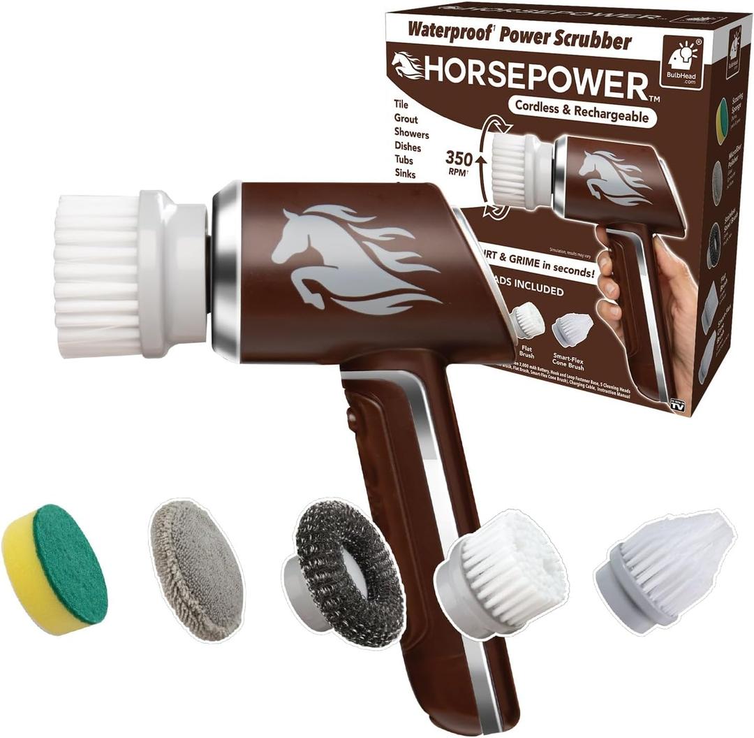 Horsepower Electric Power Scrubber, Waterproof, Spins 350 RPM, 5 Brush Heads, AS-SEEN-ON-TV, Cleans Dirt & Grime, Tile, Grout, Bathrooms, Kitchen, Auto Rims, Outdoor Furniture & More, Rechargeable Horsepower Electric Power Scrubber, Waterproof, Spins 350 RPM, 5 Brush Heads, AS-SEEN-ON-TV, Cleans Dirt & Grime, Tile, Grout, Bathrooms, Kitchen, Auto Rims, Outdoor Furniture & More, Rechargeable