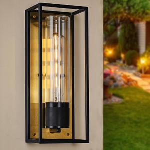 Rectangular Outdoor Wall Lamp, Glass Exterior Sconce Lighting Fixture,House Frontdoor Gate Garage Aisle Blacony Underoof Patio Hairline Brass & Black Finish E26 T Type Bulb-not Included