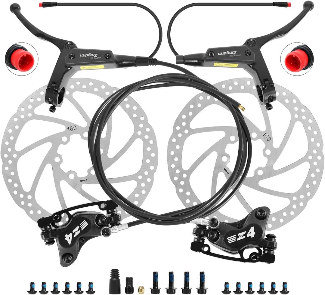4-Pistons E-Bike Hydraulic Disc Brake Set, 2-PIN Electric Power-Off Hydraulic Brakes Set with 160mm Rotors, Pre-Bled with Mineral Oil Brakes Kit for eBike, MTB, Electric Scooters (Front 850mm-Rear 1600mm)