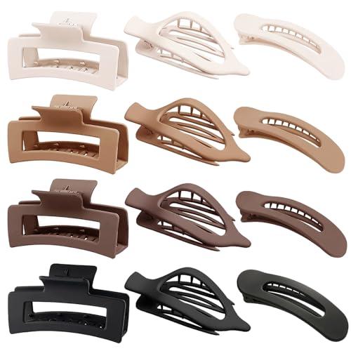 Flat Hair Clips for Women 12 Pack, Large Matte Square Claw Clips, Flat Hair Accessories, Side Slide Volume Clips for Thick or Thin Hair French Concord Hair Barrettes for Women
