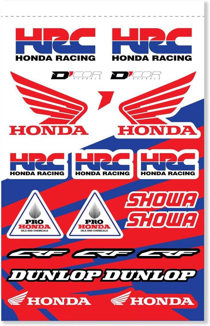 D'cor Visuals Decal Sheet for Dirt Bike & Motocross – 12 Mil Thick Vinyl, Compatible with Honda CRF Models – Includes Showa, Pro Honda, Dunlop Logos – 19”x12”