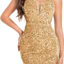 ShawGobow Sexy Sequin Dress for Women,Sparkly Glitter Velvet Mini Prom Dresses,Plunge Backless Club Outfit Cocktail Party, L
