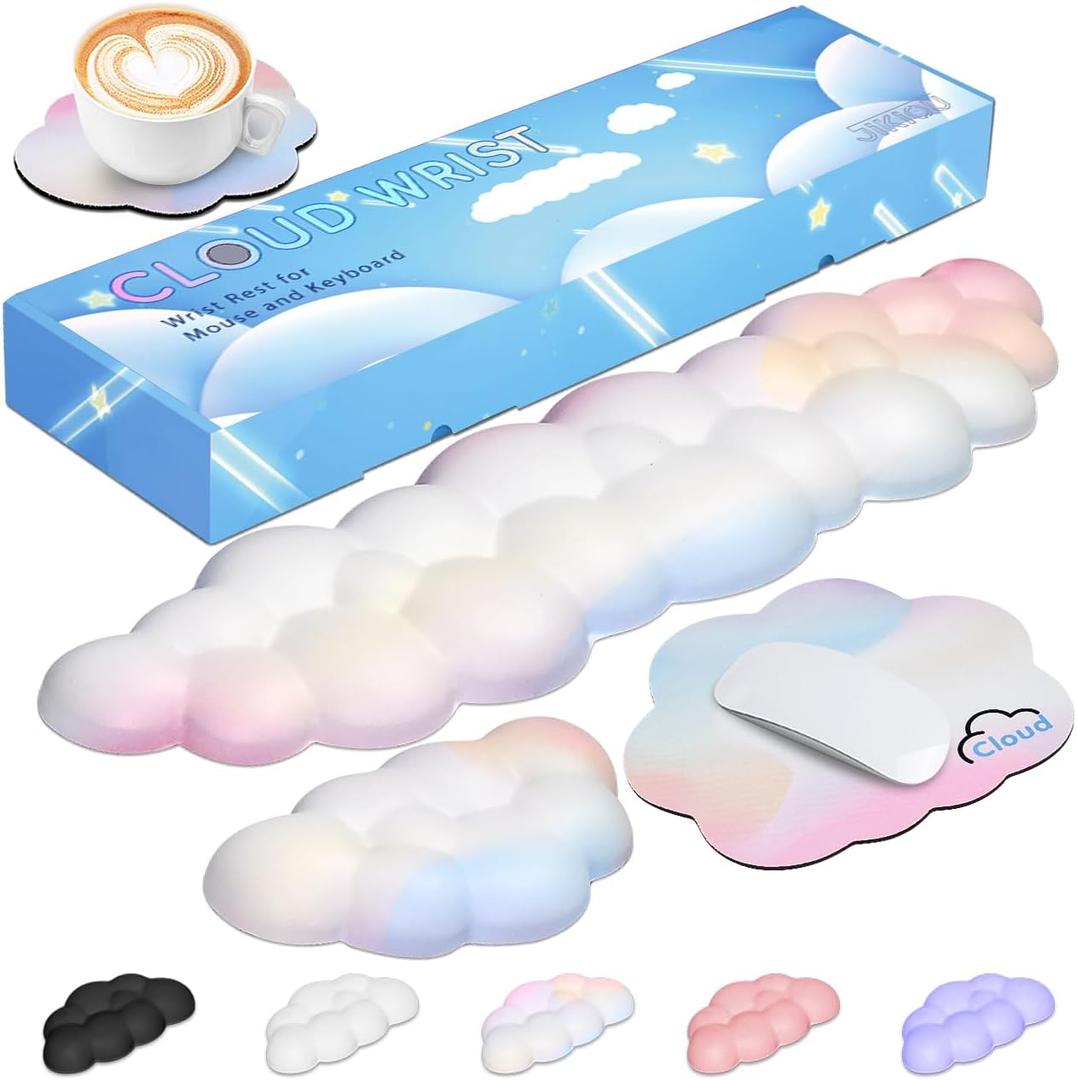 Cloud Wrist Rest Keyboard, Cloud Palm Rest Set with PU Leather Memory Foam, Cute Keyboard Rest for Wrist Support and Arm Rest, Desk Cloud Wrist Pad for PC/Gaming/Hand Cushion/Computer-Rainbow