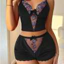 Verdusa Women's 2 Piece Floral Mesh Velvet Pajama Set Crop Camisole Tops with Micro Shorts Nightwear (XL)