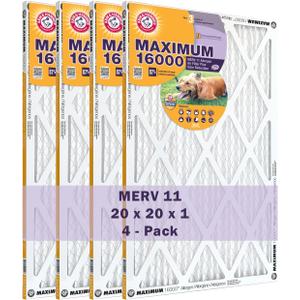 Arm & Hammer Max Allergen & Odor Reduction 20x20x1 Air and Furnace Filter, MERV 11, Pack of 4
