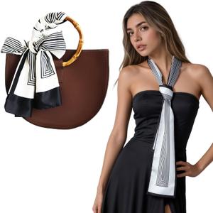 Silk-Like Skinny Scarf for Bag Purse Handbag, Hair Scarf Headband for Women | Hair ribbon and long thin scarf that ties onto luggage, hats and bag handle, doubling as a neck tie or purse accessories (Gray)